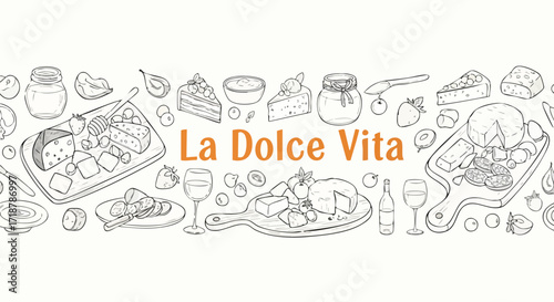 Indulge in the sweet life with this delightful collection of Italian-inspired treats, cheeses, and wine, perfect for culinary promotions.