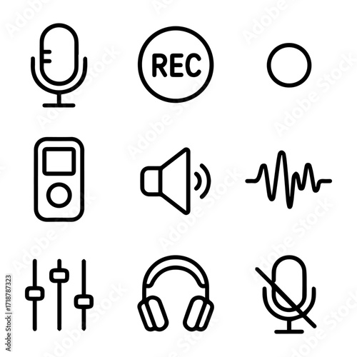 Audio Recording and Playback Icon Set with Microphone and Headphones.