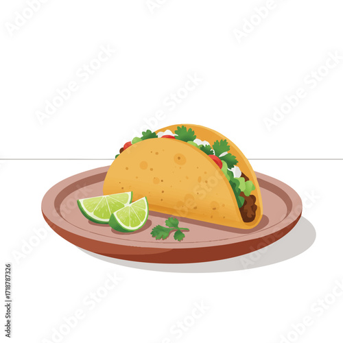 A vibrant 2D flat vector illustration showcases a perfectly presented single taco on a clean ceramic plate, with fresh lime wedges and cilantro, set on a minimalist white background.