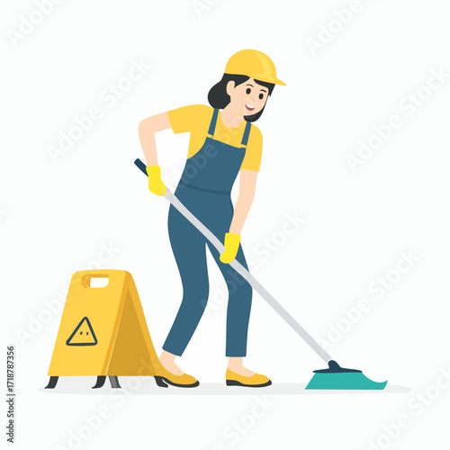 Cleaning Lady Mopping Floor, Safety First