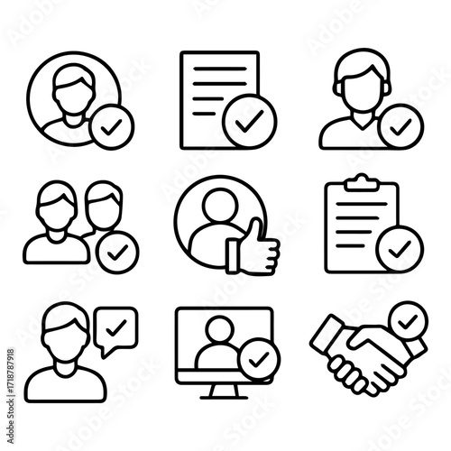 Black Line Icons Representing Approval Agreement and Successful Collaboration.