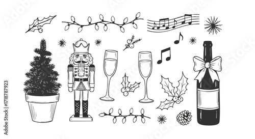 Celebrate the holidays with festive cheer featuring a charming nutcracker, sparkling champagne, and whimsical Christmas elements perfect for joyful designs.