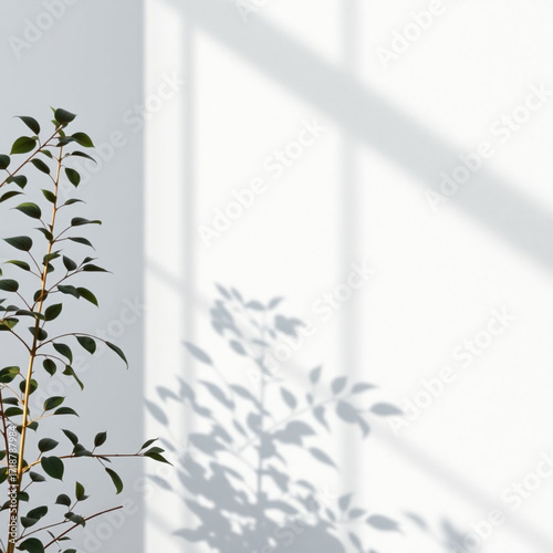 Minimalistic abstract light grey wall background for product presentation with sunlight shadow of plant leaves