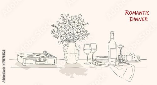 Elegant romantic dinner illustration with flowers, wine, and record player for a cozy evening, perfect for invitations, announcements, or lifestyle content