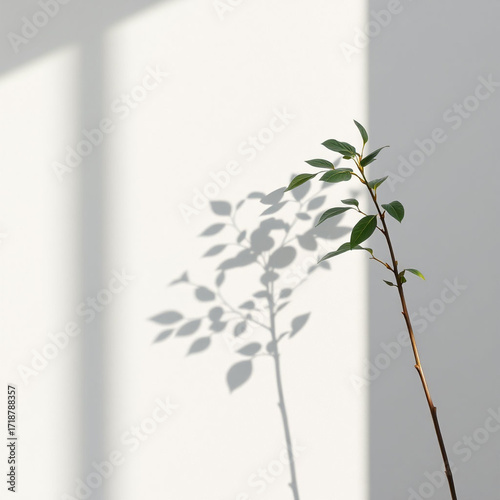 Minimalistic abstract light grey wall background for product presentation with sunlight shadow of plant leaves