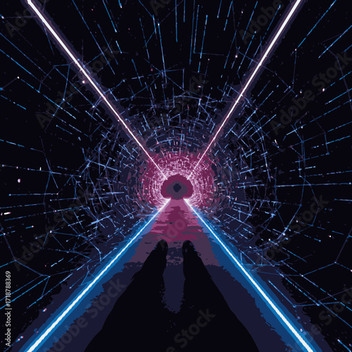 An immersive digital tunnel with glowing neon lines and interconnected data pathways, creating a futuristic cyberspace journey towards a bright distant point.