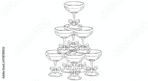 Elegant champagne glass tower drawing with cute ribbons for wedding celebration designs or upscale event invites, ready for customization and adding your brand colors