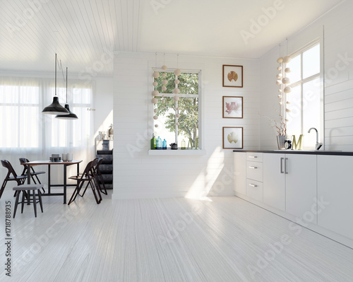 Modern Scandinavian kitchen and dining room interior. Bright white space with wood floors and natural light from windows. 3D rendering.