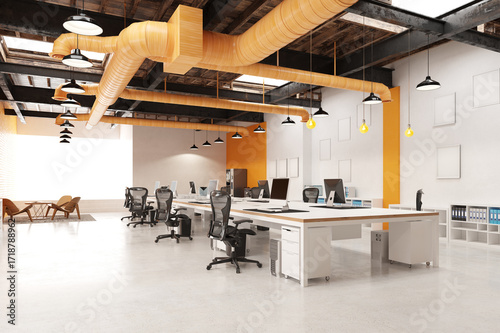 Modern industrial office interior with an open plan workspace. Contemporary design with exposed orange ducts and wooden beams. 3D rendering.