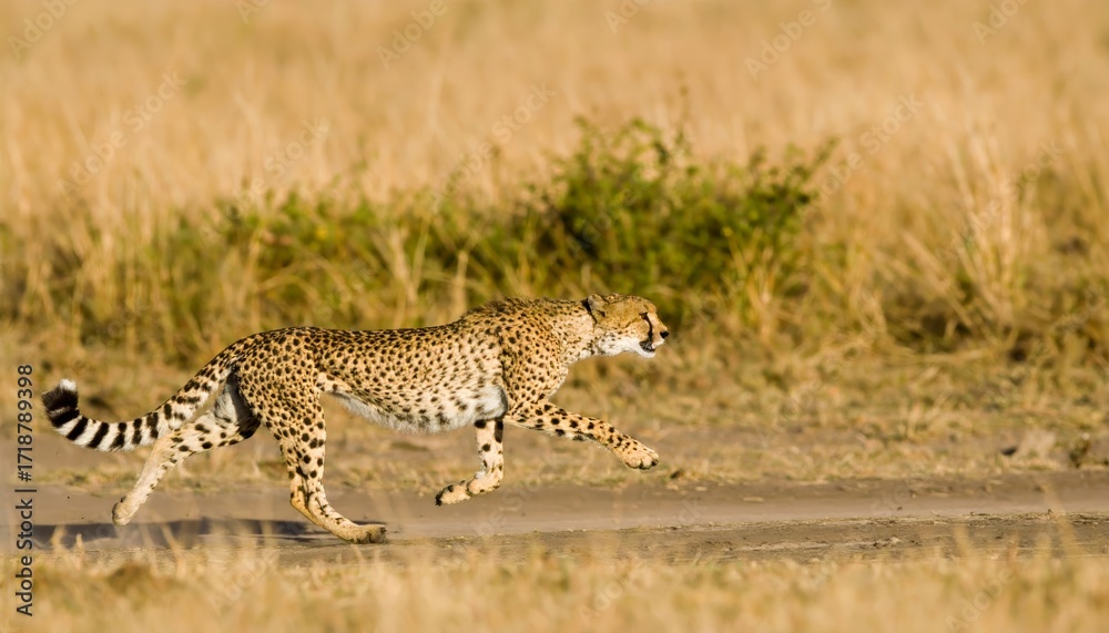 Obraz premium a slender leopard is running, its sharp gaze fixed on the viewer