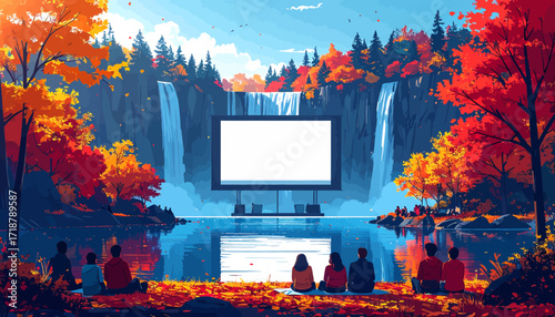 Outdoor movie screen by a waterfall in autumn with people watching.