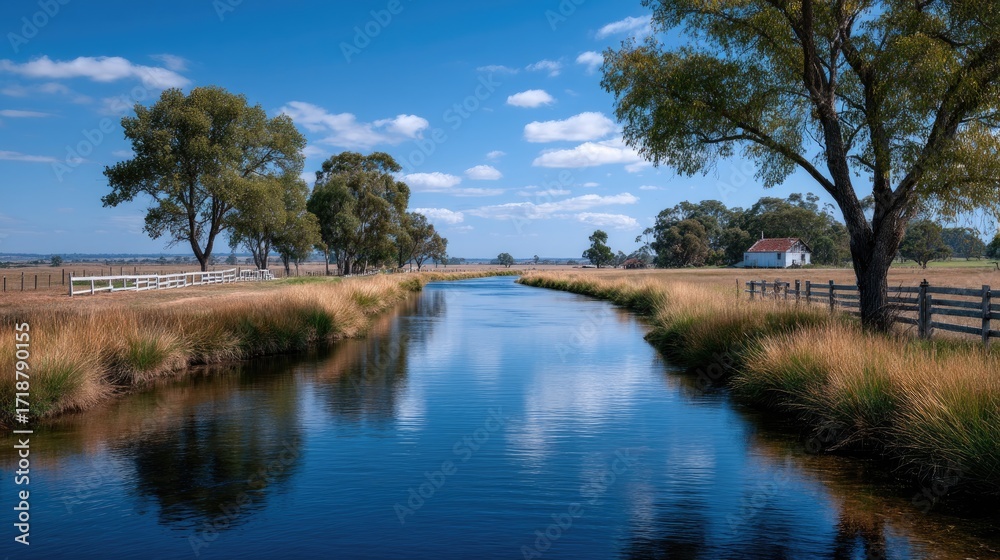 Fototapeta premium Scenic Canal View with Reflections Under Blue Sky in Meadow with Trees and Farm Building on Sunny Day