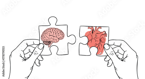 Connecting logic and emotion: Hands assemble puzzle pieces of brain and heart, symbolizing understanding and balance in life