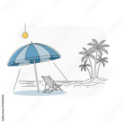 Vector illustration of illustration of beach umbrella and chair with palm trees and ocean view