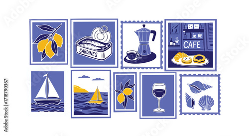Charming collection of European-inspired illustrated postage stamps featuring coastal delights and cafe treats, perfect for travel and lifestyle themes.