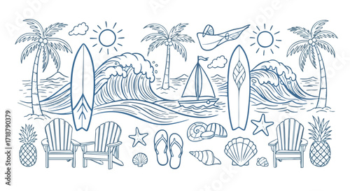 Vibrant summer beach scene unfolds with palm trees, surfboards, waves, sailboats, and relaxing Adirondack chairs perfect for vacation or tropical themes.