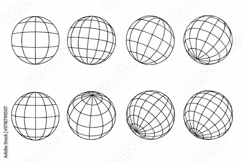 3D Wireframe Sphere Illustration Set in Minimal Geometric Vector Style