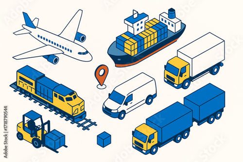 Isometric Transportation and Logistics Vehicle Icons in Minimal Corporate Vector Style