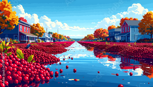 Vibrant autumn scene with cranberries floating in a waterway between colorful buildings and trees under a bright blue sky.