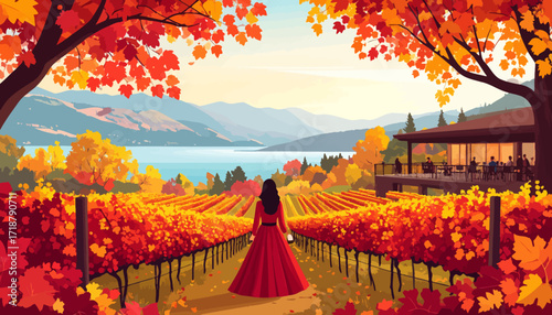 Autumn vineyard scene with a woman in a red dress walking towards a building.