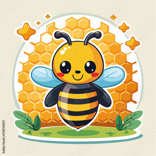 Cute Cartoon Bee Character Illustration with Honeycomb Background