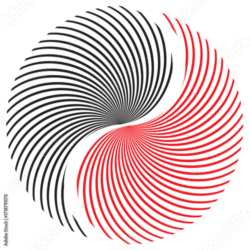 Vector Illustration of Spiral Yin Yang Shape with Red and Black Swirl Lines, Abstract Optical Illusion Design, Symbol of Harmony, Duality, Spiritual Balance, Taoist Philosophy and Minimalist Art