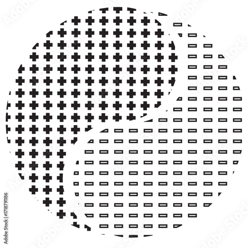 Abstract Yin Yang Symbol with Plus and Minus Geometric Halftone Pattern, Black and White Balance Icon, Modern Taoist Philosophy Design for Spirituality, Meditation, Zen and Minimalist Vector Art