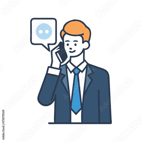 Professional businessman communicating actively on smartphone with speech bubble icon