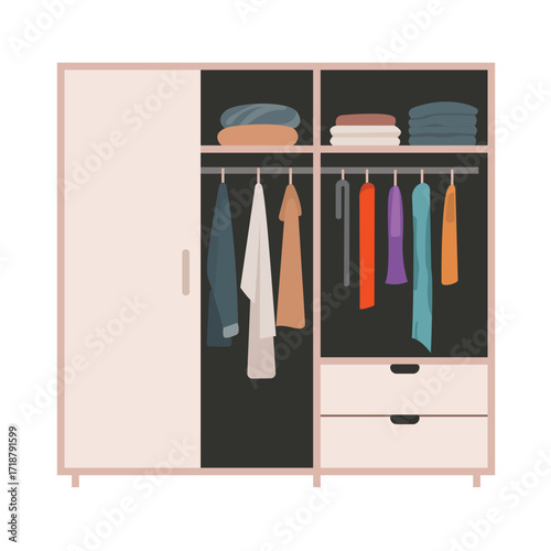 Vector illustration of modern wooden wardrobe and closet furniture with clothes, dresses, shirts, shoes, and storage boxes. Stylish bedroom interior design element for fashion and organization.