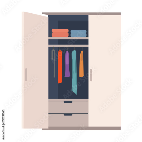 Vector illustration of modern wooden wardrobe and closet furniture with clothes, dresses, shirts, shoes, and storage boxes. Stylish bedroom interior design element for fashion and organization.