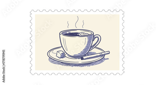 Enjoy a steaming cup of coffee with sugar cube and cigarette, perfect for a relaxing break time or a vintage aesthetic, like a postage stamp