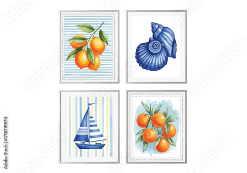 Vector illustration of illustration of nautical and citrusthemed watercolor art prints collection