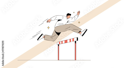 Dynamic athlete leaps over hurdle with ease and determination, embodying success and overcoming challenges in a flat vector illustration style