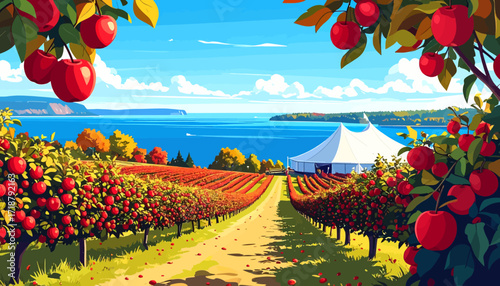 Apple orchard overlooking a body of water with a white tent in the distance.