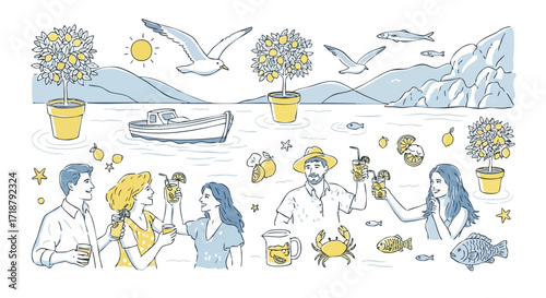 Joyful friends toast with refreshing lemon drinks by the sea, enjoying a sunny coastal summer vacation with boat and seagulls