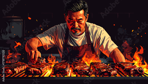Man grilling meat over an open flame, cooking outdoors.
