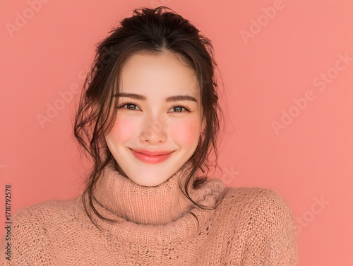 A cheerful young woman with rosy cheeks smiles softly while wea a cozy knitted turtleneck sweater indoors.
