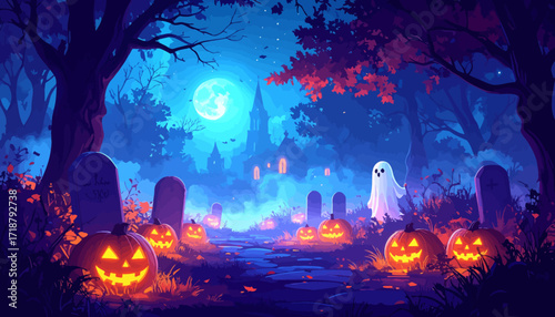 Halloween night scene with pumpkins, ghosts, and a graveyard under a full moon.