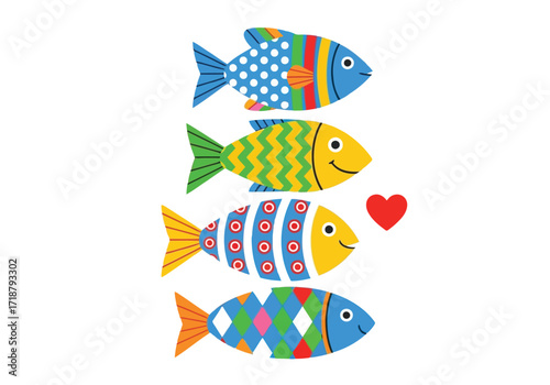 Vector illustration of illustration of four colorful cartoon fish with patterns and a heart