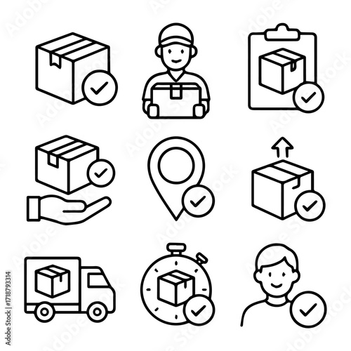 Delivery Service Icons Set Boxes Courier Truck Location and Stopwatch.