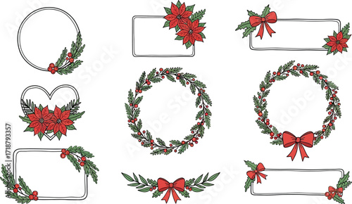 Christmas frames wreaths borders poinsettia vector illustrations