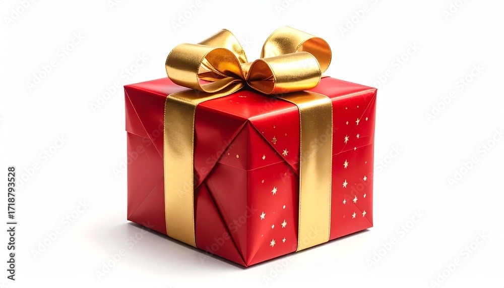 Fototapeta premium Christmas gift box wrapped in red and gold paper, topped with a bow, isolated on white background. 