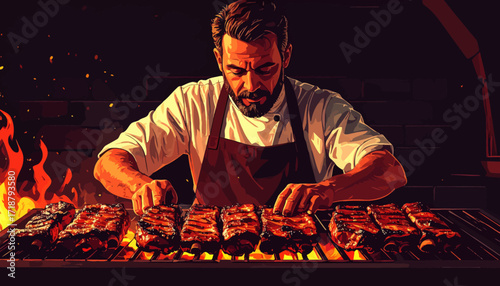 Chef grilling ribs on a barbecue, with flames and a brick background.
