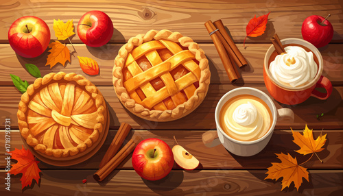 Overhead shot of apple pies, apples, cinnamon sticks, and drinks on a wooden table with autumn leaves.