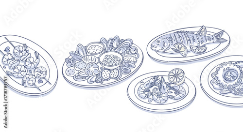 Fresh seafood platter showcasing grilled fish, shrimp skewers, octopus, oysters, and mussels perfect for restaurant menus and vibrant culinary designs