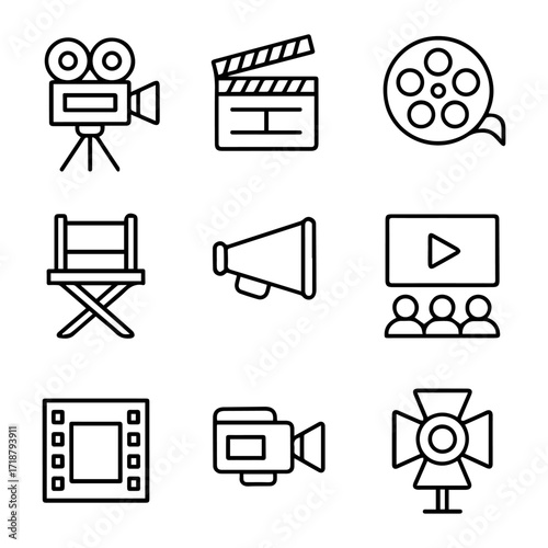 Filmmaking Icon Set Camera Clapperboard Reel Directors Chair Megaphone and More.