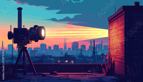 Vintage camera on rooftop overlooking city skyline at dusk.