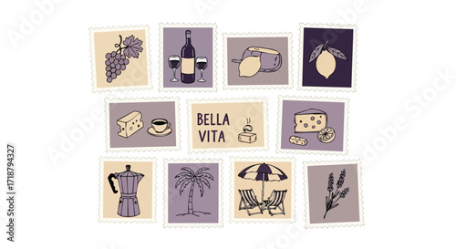 Embrace the sweet life with charming Italian-themed postage stamps featuring wine, cheese, coffee, lemons, lavender, and sunny beach scenes.