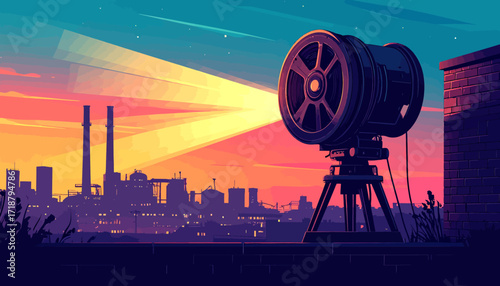 Searchlight illuminates a cityscape at dusk, with industrial buildings in the background.