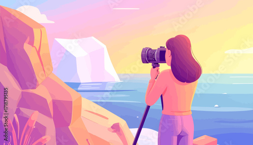 Illustration of a woman taking a photo of a glacier with a camera on a tripod.